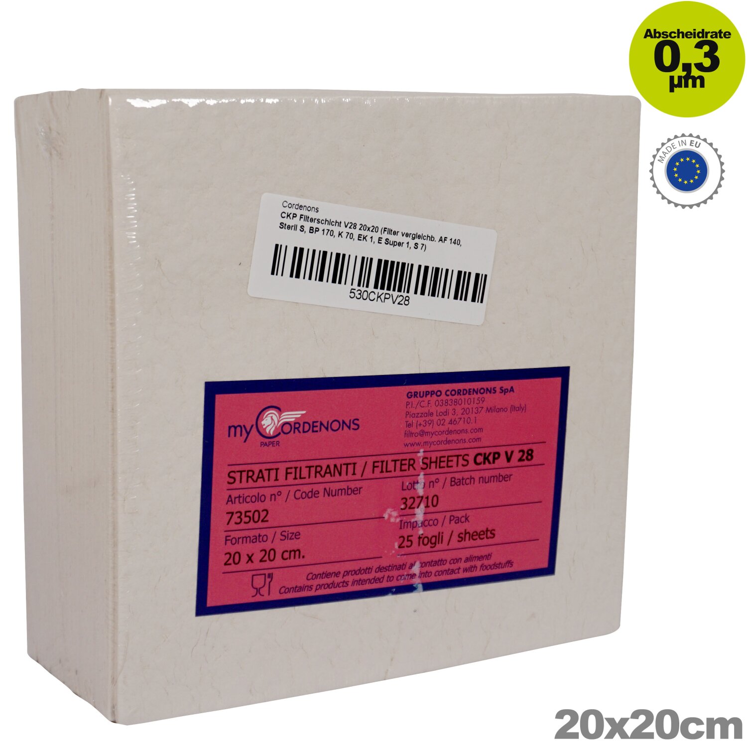 CKPV28  Filter Cordenons "CKP 20x20" Filterschicht V28, 0.3µm,  Sterilfiltration für Wein,  25 Tiefenfilterschichten, hergestellt in der EU 