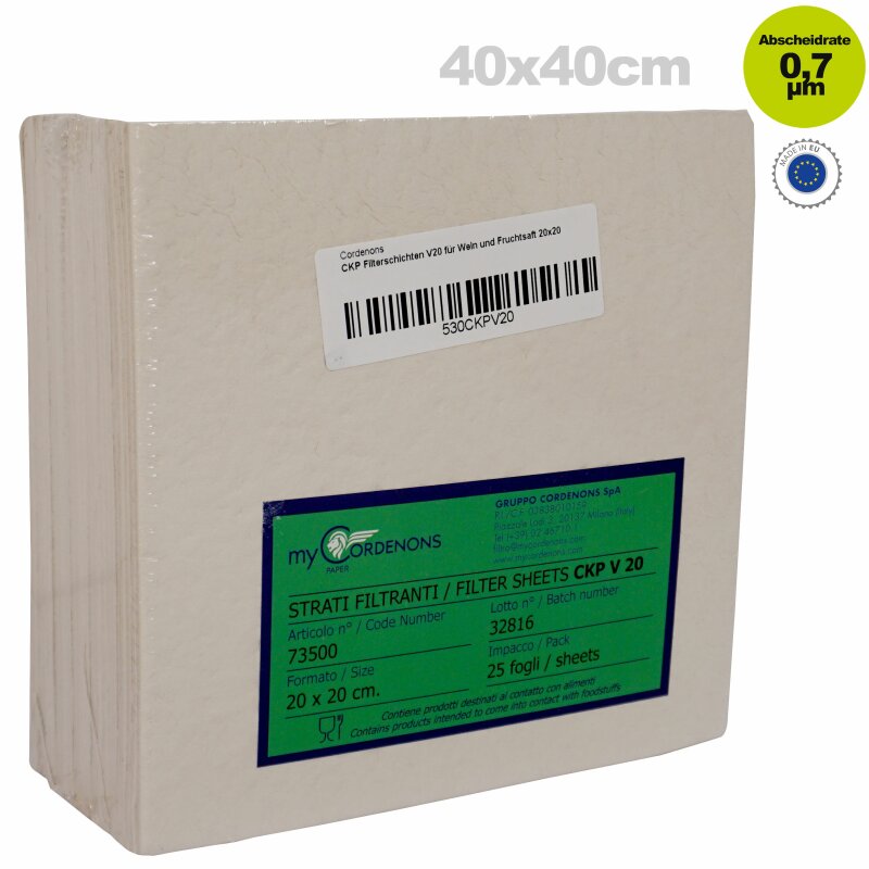 40CKPV20 /  Cordenons CKP Filterschicht V20 (40x40), 0.7µm, Sterilfiltration für Wein, 25 Tiefenfilterschichten, hergestellt in der EU