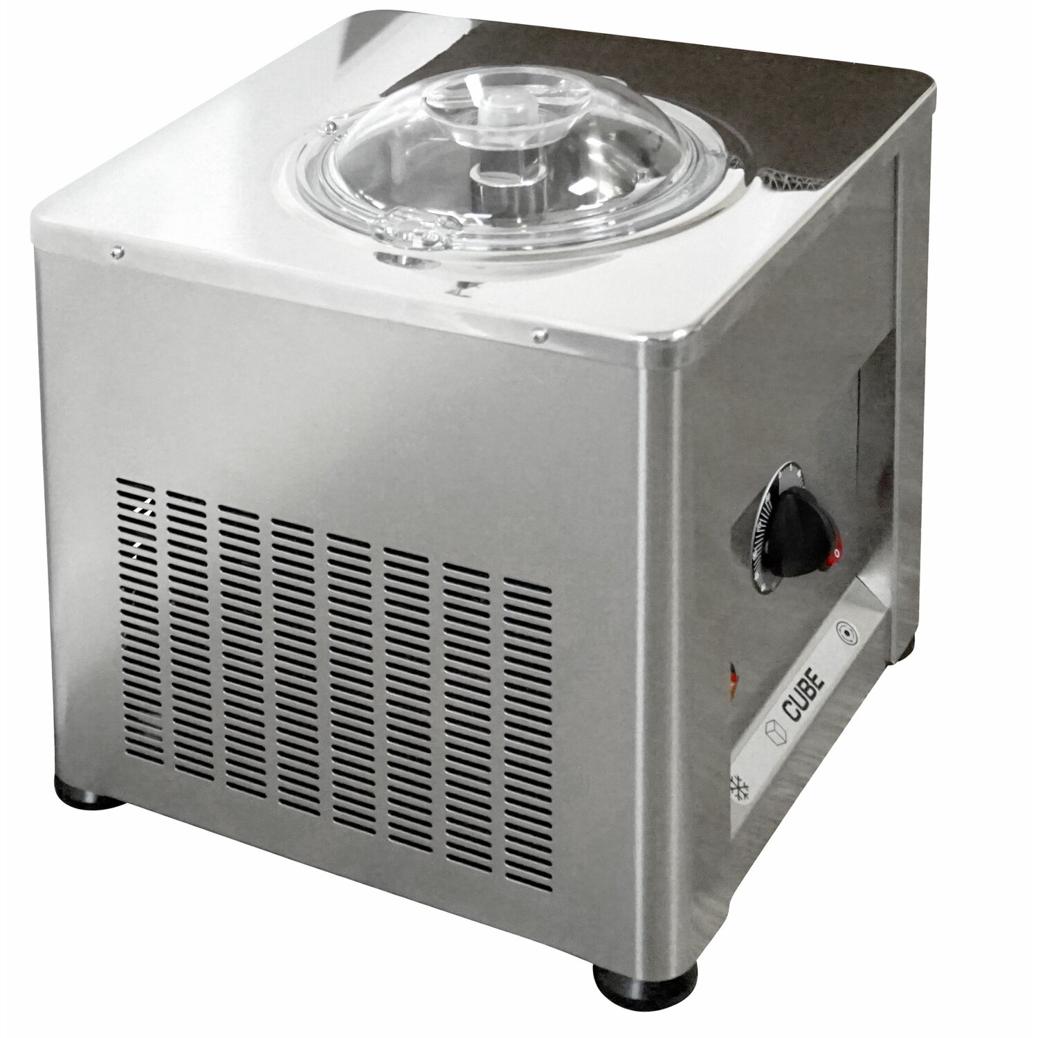 23955  High-End Profi Eismaschine CUBE 750: Exklusive,  handgefertigte Eismaschine C750 INOX,  mit Kompressor, komplett Edelstahl, 16 kg schwer - extrem robust, Profi-Gerät  für Labor  oder Haushalt, 750g Füllmenge, im Dauerbetrieb 1,5 kg/Std., made in EU 	 
		 (Eismaschine, Kompressor, Profi, High End, selbstkühlend, polierter Edelstahl, hand made)  
	