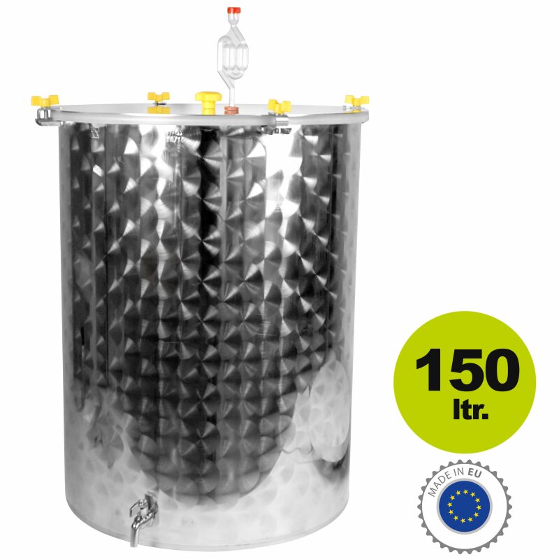 ABP0042 /  Edelstahl Gärfass für Bier und Most 150 L, offen mit austauschbaren Edelstahldeckel und Silikonring-Dichtung,  inkl. Gärspund und Auslaufhahn, hergestellt in Europa