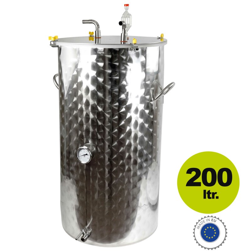 ABP0047 /  200 L Edelstahl Kühl-Fermenter, Edelstahlfass mit Flachboden und Kühlmantel, Kühlfäche 0,59m², mit Thermometer, Gärspund und Anschluss für Kühlung, Bier-Gärfass hergestellt in Europa (Versand kostenfrei*)