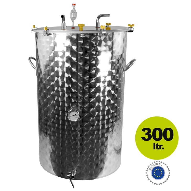 ABP0048 /  300 L Edelstahl Kühl-Fermenter, Edelstahlfass mit Flachboden und Kühlmantel, Kühlfäche 0,59m², mit Thermometer, Gärspund und Anschluss für Kühlung, Bier-Gärfass hergestellt in Europa (Versand kostenfrei*)