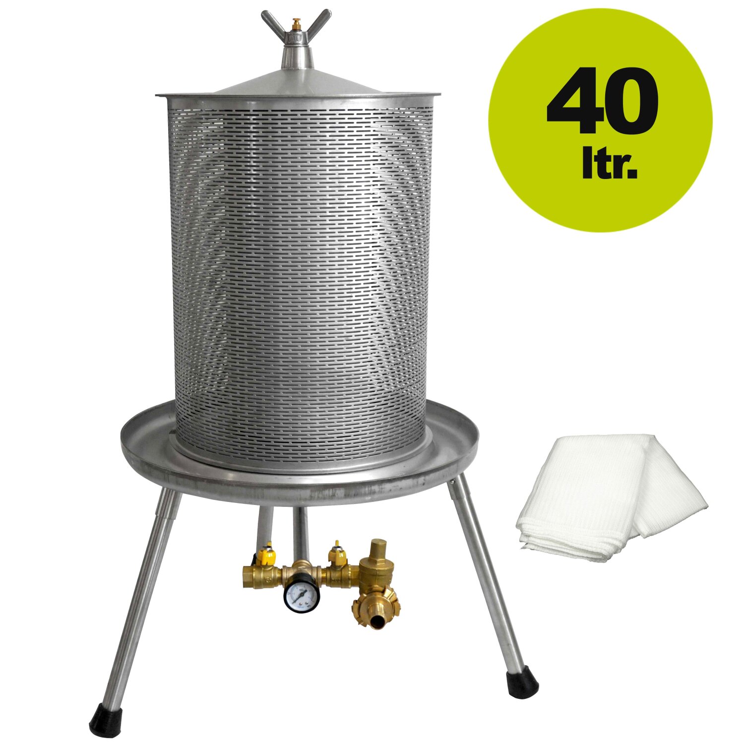 500FP40Inox /  Die bewährte Fischer Edelstahl Hydropresse  40 Liter INOX,  Kelter  / Apfelpresse  / Obstpresse mit Wasserdruck-Antrieb,  mit zusätzlichem Druckminderer (!), inkl. Presstuch ( Versand kostenfrei*)