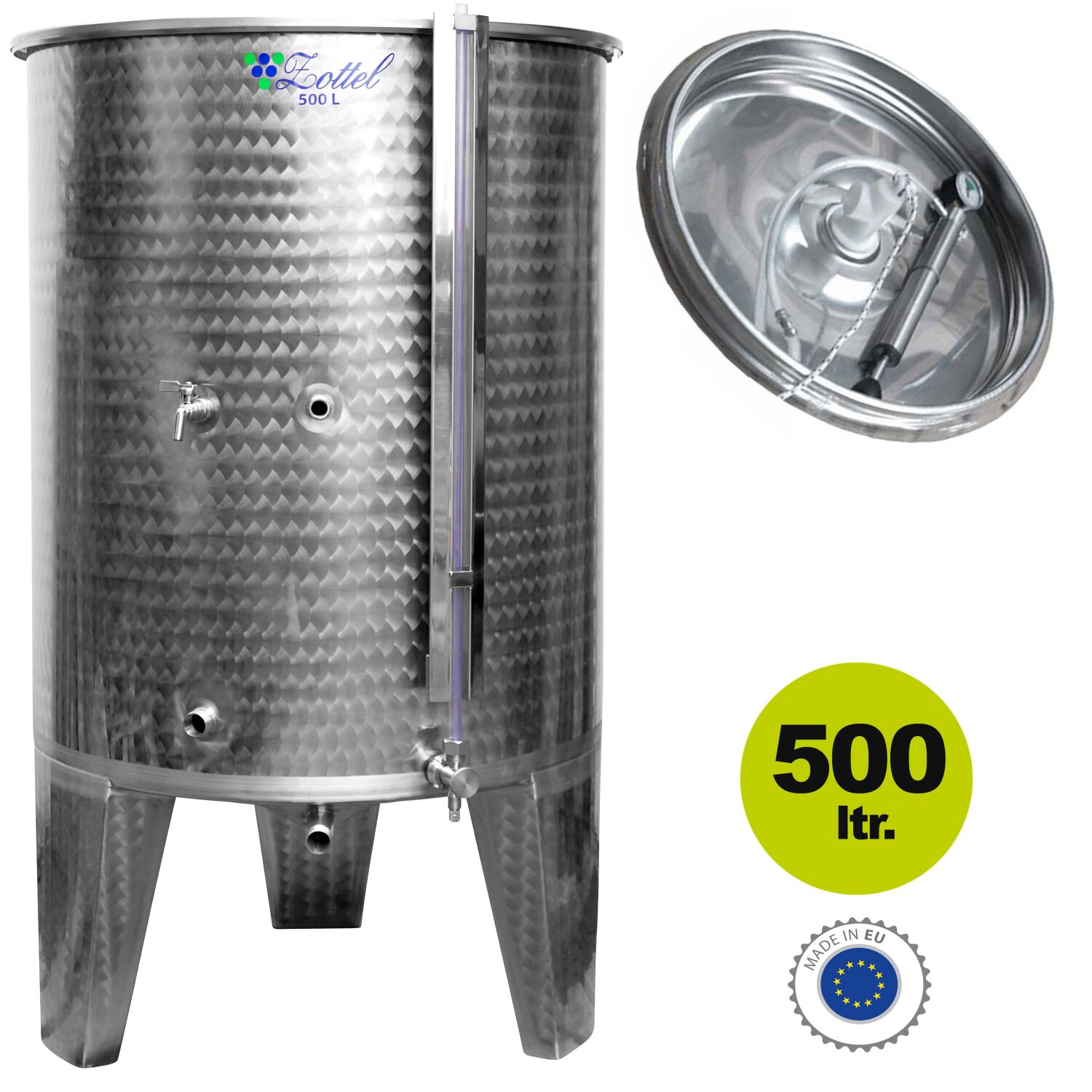 04O500L4V-U  SET: Zottel Edelstahltank 500 Liter Inhalt Immervoll-Tank mit U-Kühlmantel und Schwimmdeckel, laser-geschweißte Kühlung bzw. Edelstahl-Kühlmanschette, made in EU (Versand kostenfrei*) 	 
		 (Fass ca. 500 Liter, Immervoll-Fass, Lagertank,  Weinfass / Lebensmittel-Fass, Edelstahl-Fass / Edelstahl-Tank,  Fass mit Kühlmantel)  
	