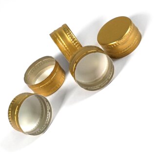 Schraubverschlüsse für Flaschen: MCA-28, 28mm Maschinen-Schraubverschluss (Rohling ohne Gewinde - für Anrollmaschinen), Anrollverschluss gold-farben,  Flaschen-Deckel Metall mit perforiertem Originalitäts-Ring