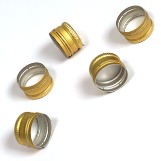 Flaschenverschluss: Maschinen-Schraubverschluss  PP18 gold, Anrollverschluss 18x12mm, Drehverschluss für kleine Flaschen (Schnaps- / Apotheker-Flaschen),  Metall Flaschen-Deckel  Rohling ohne Gewinde (für Anrollmaschinen), mit Originalitäts-Sicherung