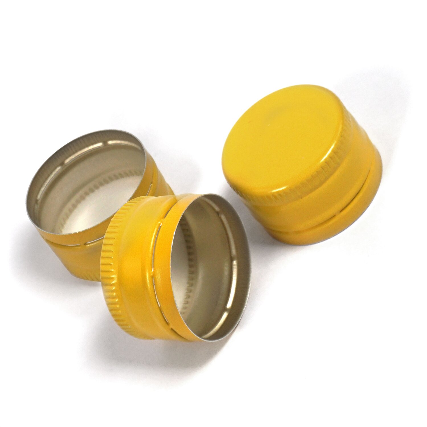 17042801  Schraubverschlüsse für Flaschen: M28, 28x18mm Maschinen-Schraubverschluss (Rohling ohne Gewinde - für Anrollmaschinen),  Flaschen-Deckel  gelb, Anrollverschluss mit perforiertem Originalitäts-Ring 	 
		 (Schraubverschluss, Flaschenverschluss, Anrollverschluss, Maschinen-Schraubverschluss, 28mm, M28, ohne Gewinde, unthreated, Metall)  
	