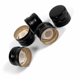 250 Stück: Handschraubverschlüsse Farbe Schwarz, PP31.5 mit Gewinde,  Flaschen-Deckel  Metall, Schraubverschluss mit Ölausgießer und Abriss-Lasche / Originalitätsring / Originalitäts-Sicherung