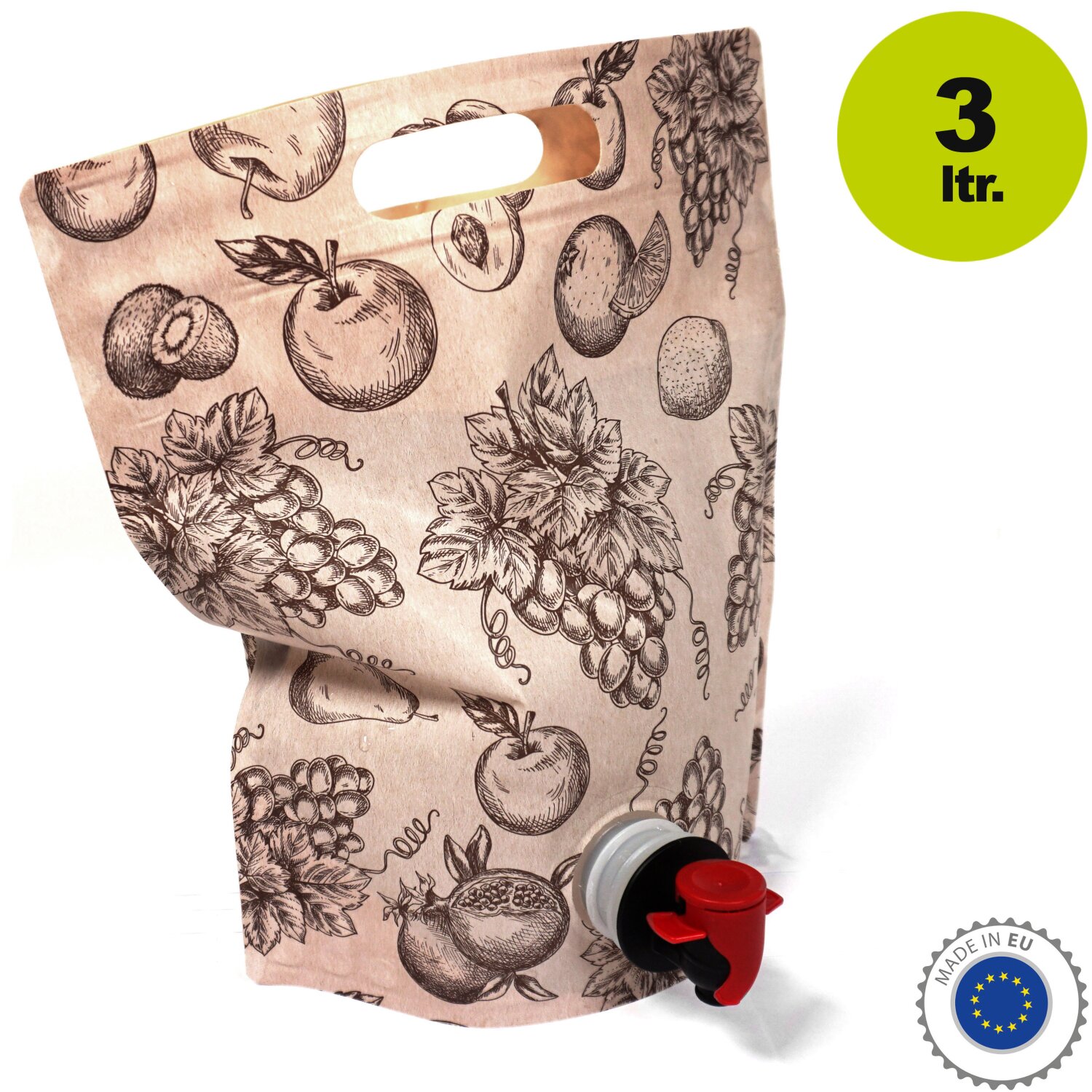   STAFFELPREISE  beachten: Bag in Box Standbeutel 3 Liter für Fruchtsaft, VITOP Auslauf, natur-braun  Beutelmotiv Design "Happy Juice", matte Oberfläche , Stand-Alone Beutel bzw. Tasche mit Tragegriff, kann selbstständig vertikal ohne Karton stehen (!) 	 
		 (Bag in Box Beutel,  Motiv Frucht,  Standbeutel, Saft Tasche ,   Saftbeutel, 3L, Tragetasche)  
	