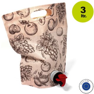 STAFFELPREISE  beachten: Bag in Box Standbeutel 3 Liter für Fruchtsaft, VITOP Auslauf, natur-braun  Beutelmotiv Design "Happy Juice", matte Oberfläche , Stand-Alone Beutel bzw. Tasche mit Tragegriff, kann selbstständig vertikal ohne Karton stehen (!)