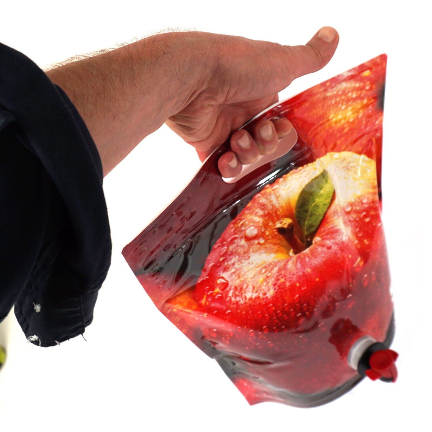   Bag in Box Standbeutel 3 Liter für Apfelsaft, VITOP Auslauf, Foto Design Beutel-Motiv "Apfel", glänzende Oberfläche, dickwandiger Stand-Alone Beutel bzw. Tasche für Saft mit Tragegriff, kann selbstständig vertikal ohne Karton stehen (!) 	 
		 (Bag in Box Beutel, Motiv Apfel, Standbeutel, 3L, Vitop Verschluss,   Saftbeutel)  
	