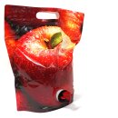 Bag in Box Standbeutel 3 Liter für Apfelsaft, VITOP Auslauf, Foto Design Beutel-Motiv "Apfel", glänzende Oberfläche, dickwandiger Stand-Alone Beutel bzw. Tasche für Saft mit Tragegriff, kann selbstständig vertikal ohne Karton stehen (!)
