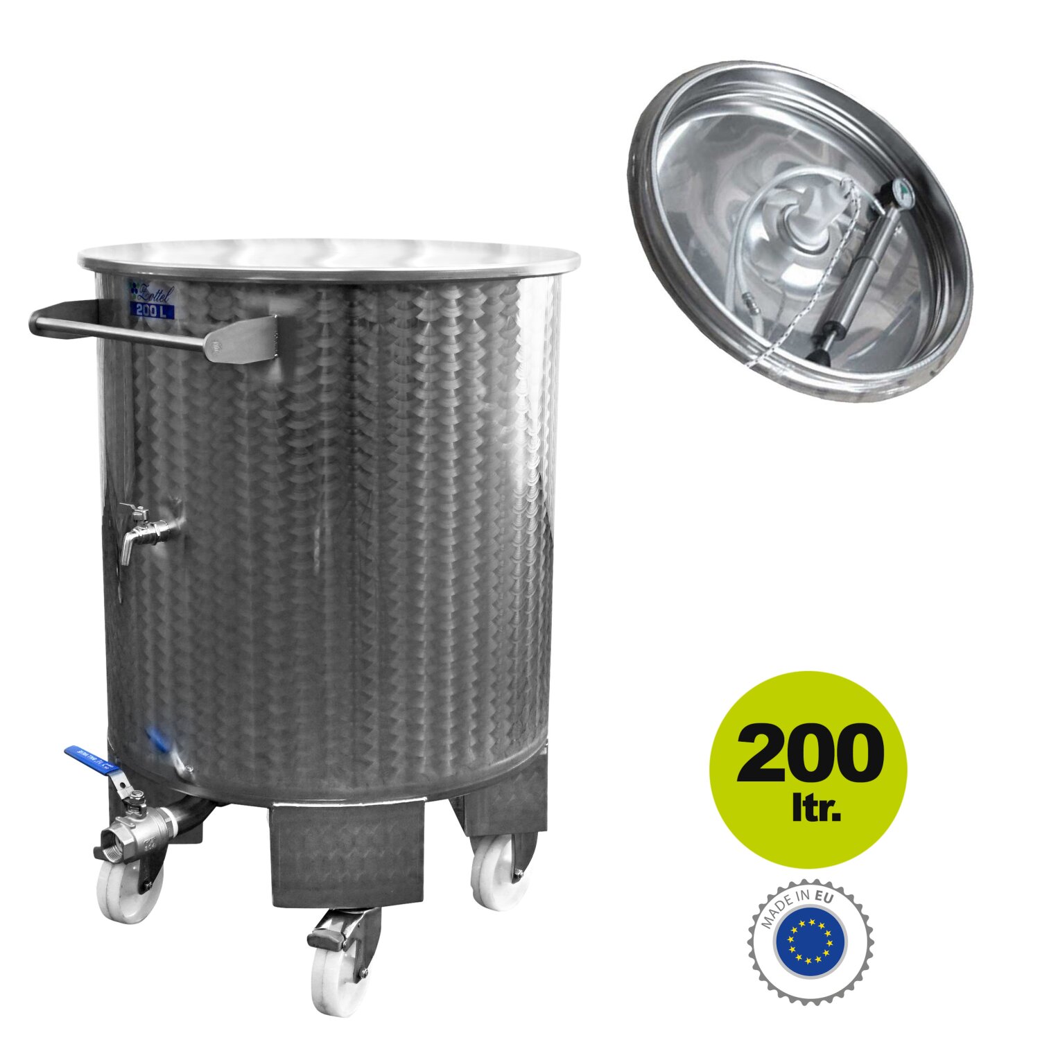 09OTK200L1V  Edelstahl-Immervoll Behälter, 200 Liter  Edelstahl-Lagertank inkl. Schwimmdeckel und Staubdeckel für Wein und Most, mit Boden-Restauslauf, 2 Ausläufe,  original Zottel Fass mit angeschweißten Füßen und Rädern, made in EU  (Versand kostenfrei*) 	 
		 (Edelstahl Immervolltank,  Fass mit Füßen, Lagerfass)  
	