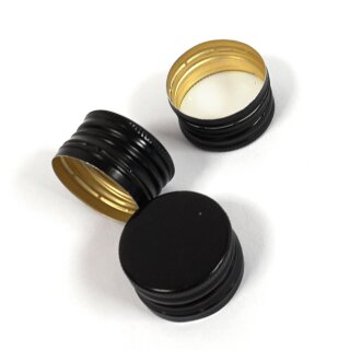 Hand-Schraubverschlüsse PP31.5 x18mm schwarz, Farbe Schwarz, mit Gewinde, Flaschen-Deckel Metall, Schraubverschluss mit Abriss-Lasche / Originalitätsring / Originalitäts-Sicherung
