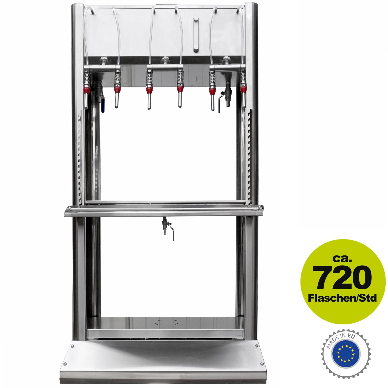   Boden-Abfüllstation: Profi Abfüllgerät 6 Stationen Edelstahl, Falldruckfüller  Boden-Standgerät (!) 1,7m hoch, 14mm  Edelstahl-Ventile für Standard-Flaschen. hohenverstellbar,  ohne Thermometer, klassischer Falldruckfüller, made in EU (Versand kostenlos*) 	 
		 (Profi-Abfüllgerät, Abfüllgerät, Flaschen-Abfüllgerät,  6 Füll-Stationen)  
	
