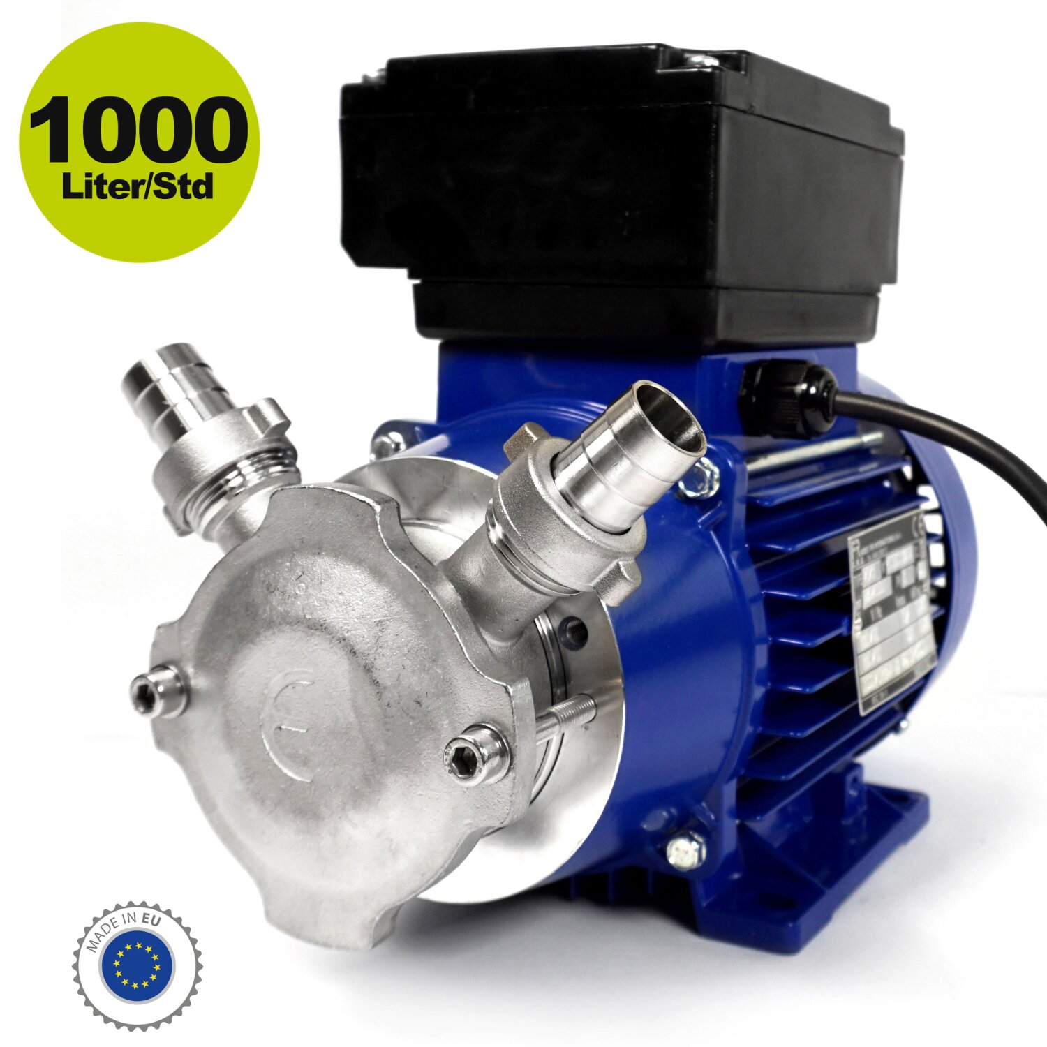 5201  Elektrische Weinpumpe / Saft-, Speiseöl-, Getränke-Pumpe: Impellerpumpe EU20, 1000 l/h, 0,5 PS,  ohne Bypass, 3/4" Zoll Durchlauf, Abfüllpumpe heiß bis 80°C, Pumpen-Gehäuse Edelstahl (AISI 304), lebensmittelecht, 230Volt, made in EU (Versand kostenfrei*) 	 
		 (Weinpumpe, Getränkepumpe, Saftpumpe, Heiß-Getränkepumpe, Speiseöl-Pumpe, Edelstahl, Bypass, lebensmittelecht)  
	