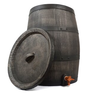 YERD Regenfass Country: Regentonne Wassertank Fass 140 Liter 3/4" Zoll Auslauf mit Messinggewinde, sehr dekoratives und realistisches Holzfass-Design, Regenwasser-Speicher aus frostfestem PE-Kunststoff, inkl. Auslaufhahn (Größe 2), mit Deckel,  made in EU