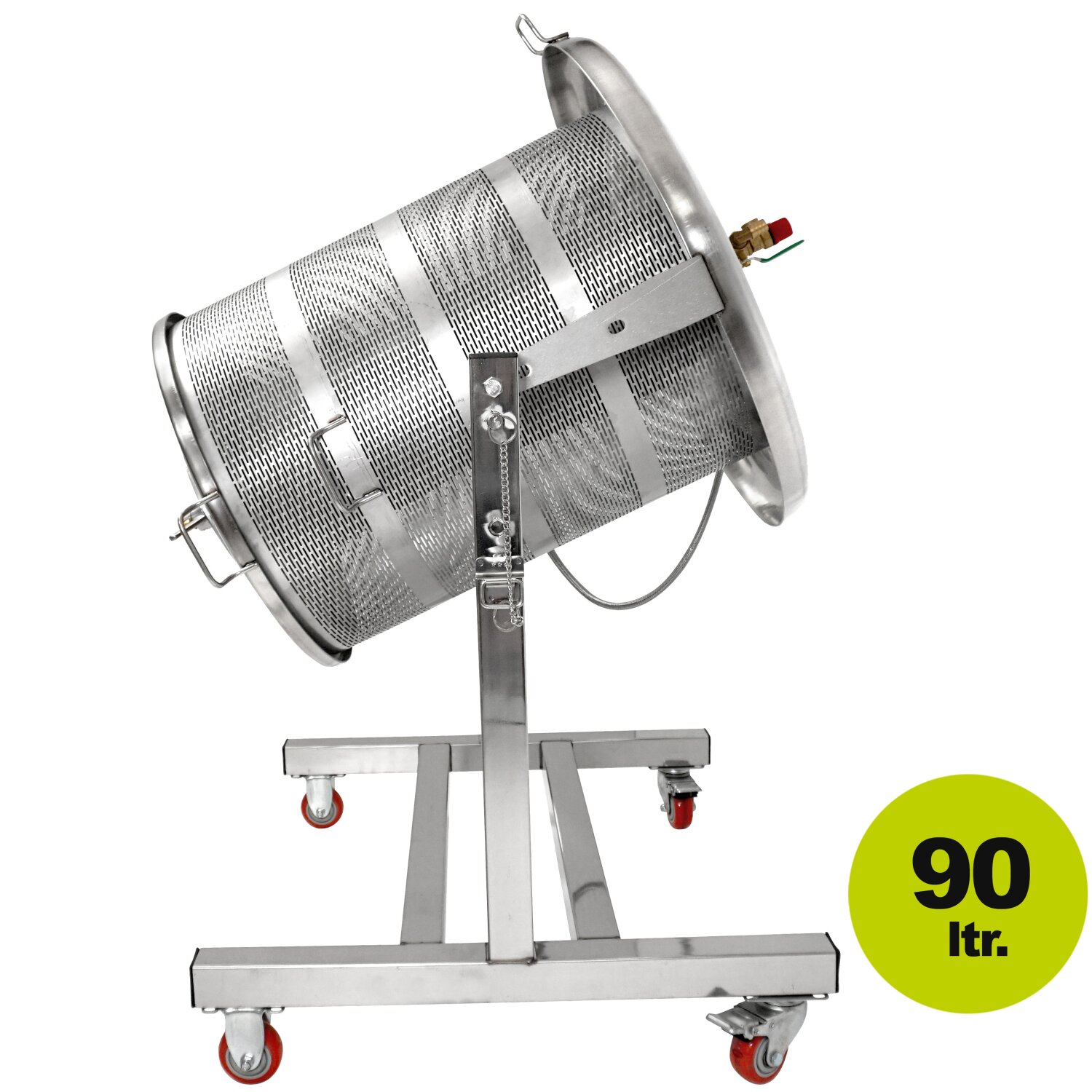 FPK90I / HA80INOX  NEU 2025 - Fischer -Lahr®  FPF90 PRO Edelstahl Hydropresse kippbar:  90 Liter Kelter / Apfelpresse / Obstpresse mit Wasserdruck-Antrieb, nur bei Fischer mit zusätzlichem Druckminderer (!), inkl. Presstuch, komplett INOX, mit Fahrwerk (versandkostenfrei)* 	 
		 (Bladder Press, Hydropresse, Edelstahl Obstpresse, Wasserdruckpresse, kippbar)  
	