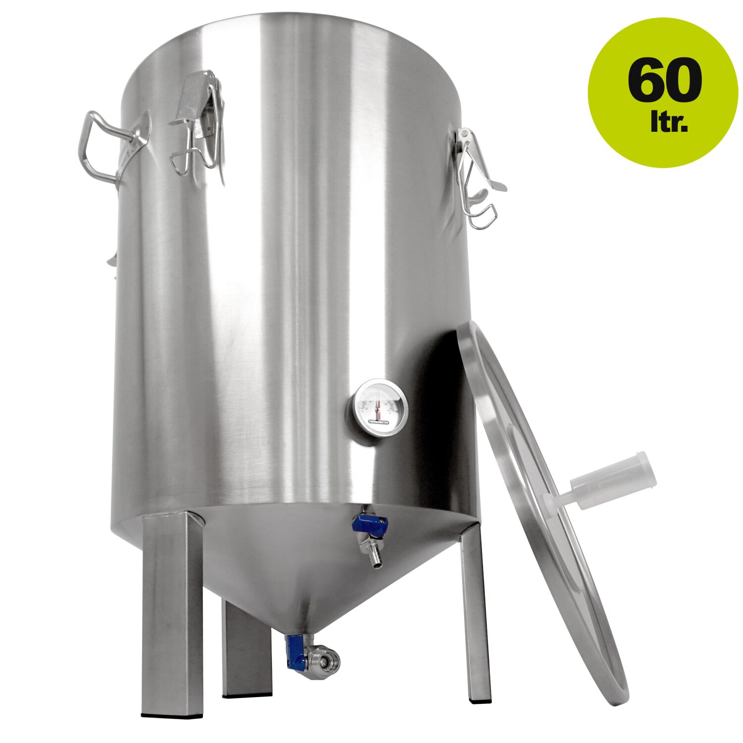 DM-F600  FM60 Maische- Fermenter 60 Liter, Edelstahl, konisch mit Boden-Restauslauf, Gärröhrchen, Innen-Thermometer, luftdicht verschließbarer Spanndeckel, Mini-Gärtank ideal zur flüssigen Fermentation bzw. Hefe-Vergärung bei Wein, Bier, Most / Saft-Fermentation, 	 
		 (Gärtank, Gärbehälter, Gärfass, Fermenter, Hobby-Brauer, Getränkefass)  
	