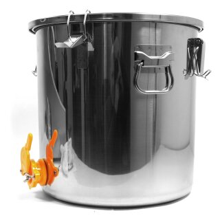 FISCHER-LAHR Honig Edelstahl-Lagerfass / Transport-Behälter / Abfüllkübel 25 Liter (ca. 35 kg Honig),  mit Quetschhahn, Spanndeckel mit Silikondichtung luftdicht verschließbar, V2A Edelstahl AISI 304 hochglanzpoliert