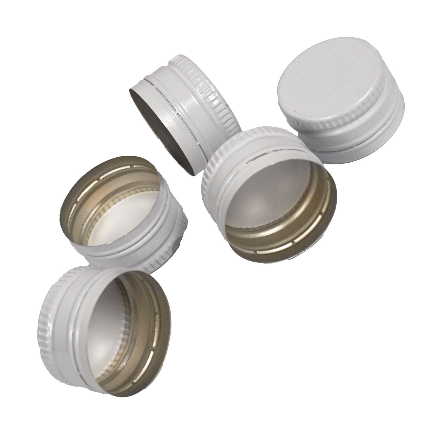   Schraubverschlüsse für Flaschen: PP31.5 Maschinen-Schraubverschlüsse (Rohlinge ohne Gewinde), weiß , Anrollverschluss mit Abrisslasche / Flaschen-Deckel Metall mit Originalitätsring für Anrollmaschinen 	 
		 (Schraubverschlüsse Flaschen, weiss)  
	
