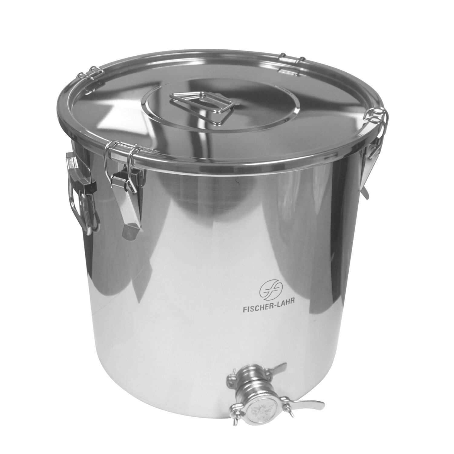   FISCHER-LAHR Edelstahl AISI 304 Honig-Lager-Behälter / Honig-Abfüllkübel 50L (~70 kg Honig), Spannverschluss und Quetschhahn , lebensmittelecht, Tansportbehälter für Honig mit luftdichtem Edelstahl-Deckel 	 
		 (Honigabfüllkübel, Honigabfüllbehälter, Edelstahlbehälter, Honigquetschhahn, Honigreifebehälter, Honiglagerung, Honigabfüllung, Edelstahl AISI 304,  50 Liter Honigbehälter)  
	