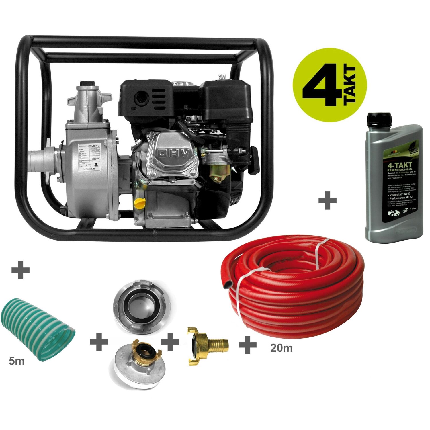 TKB50-S2  YERD Wasserpumpe GartenSet 2 mit 2-Zoll Anschluss (!)  Set: Benzin Wasserpumpe YERD TKB50 5,5 PS 4-Takt OHV Motor, selbstansaugend mit 5m Ansaugschlauch 2" Zoll + 20m Gartenschlauch 1" Zoll + Adapter auf System GEKA 	 
		 (Wasserpumpe, Wasserpumpe Garten, Feuerwehrpumpe, Gartenschlauch Set, 1 Zoll, Hochwasserpumpe, Hochwasser Benzinpumpe, C Feuerwehr-Kupplung, C Feuerwehr Garten GEKA Adapter, C-Rohr, 2 Zoll)  
	