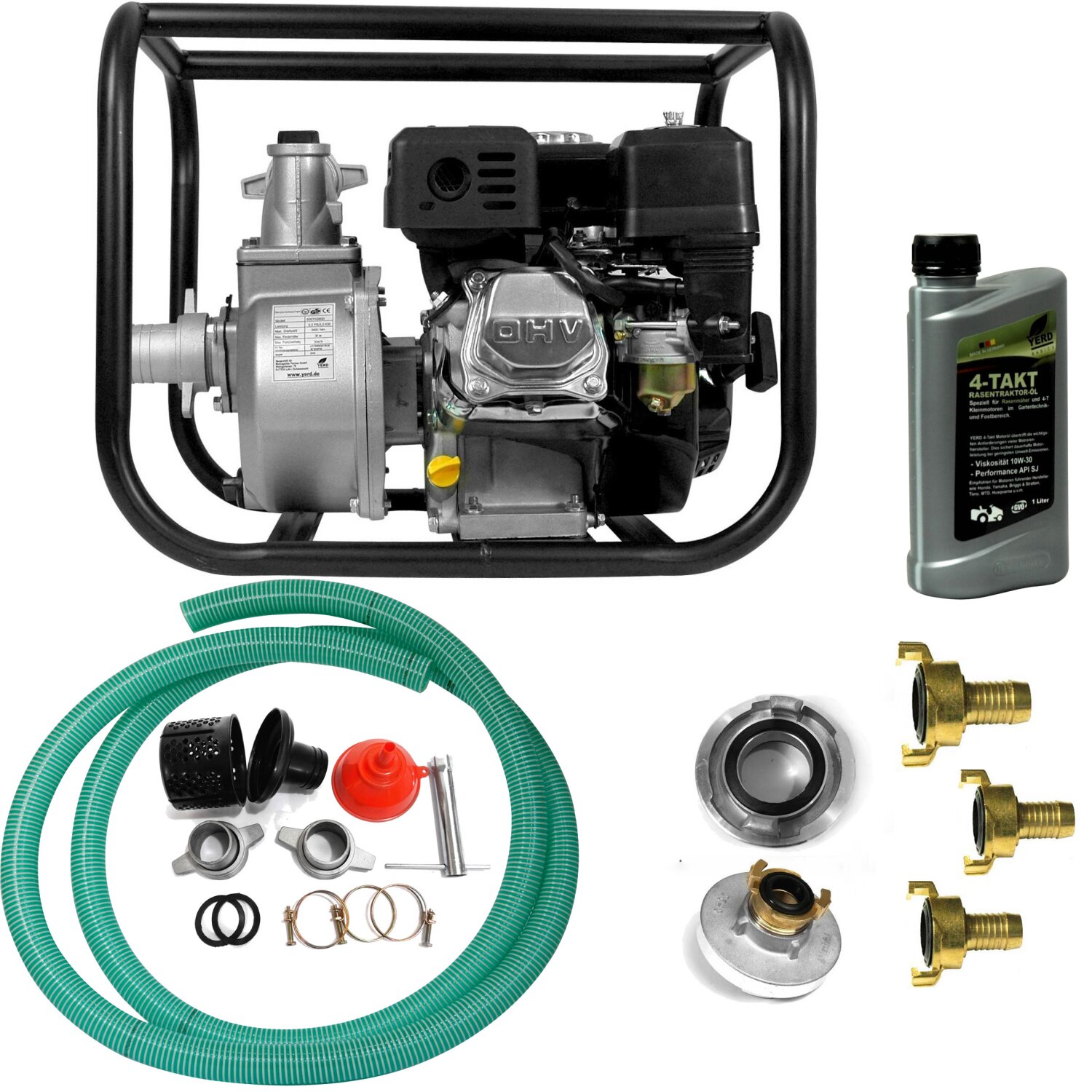 TKB50-S3  Wasserpumpe Garten STARTER Set 3 mit 2-Zoll Anschluss (!) Set: Benzin Wasserpumpe YERD TKB50 5,5 PS 4-Takt OHV Motor, selbstansaugend mit 5m Ansaugschlauch 2" Zoll + u.v. Adapter 1/2" 3/4" 1" Zoll auf System GEKA 	 
		 (Wasserpumpe, Wasserpumpe Garten, Feuerwehrpumpe, Gartenschlauch Set, 1 Zoll, Hochwasserpumpe, Hochwasser Benzinpumpe, C Feuerwehr-Kupplung, C Feuerwehr Garten GEKA Adapter, C-Rohr, 2 Zoll)  
	