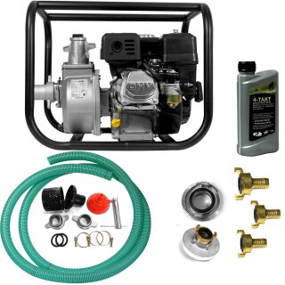Wasserpumpe Garten STARTER Set 3 mit 2-Zoll Anschluss (!) Set: Benzin Wasserpumpe YERD TKB50 5,5 PS 4-Takt OHV Motor, selbstansaugend mit 5m Ansaugschlauch 2" Zoll + u.v. Adapter 1/2" 3/4" 1" Zoll auf System GEKA