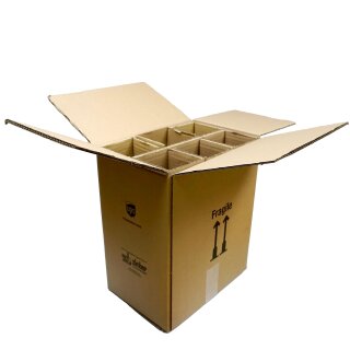 6-facher Wein-Flaschen Versandkarton ca. 40 x 32,5 x 22 cm, Wein Halbkarton mit  6er Facheinlage (6 x Gefache), 0,75 L PTZ-Versandverpackung zertifiziert für DHL und UPS (auch für 0,5 L und 1 Liter Flaschen geeignet - siehe genaue Flaschentypen)