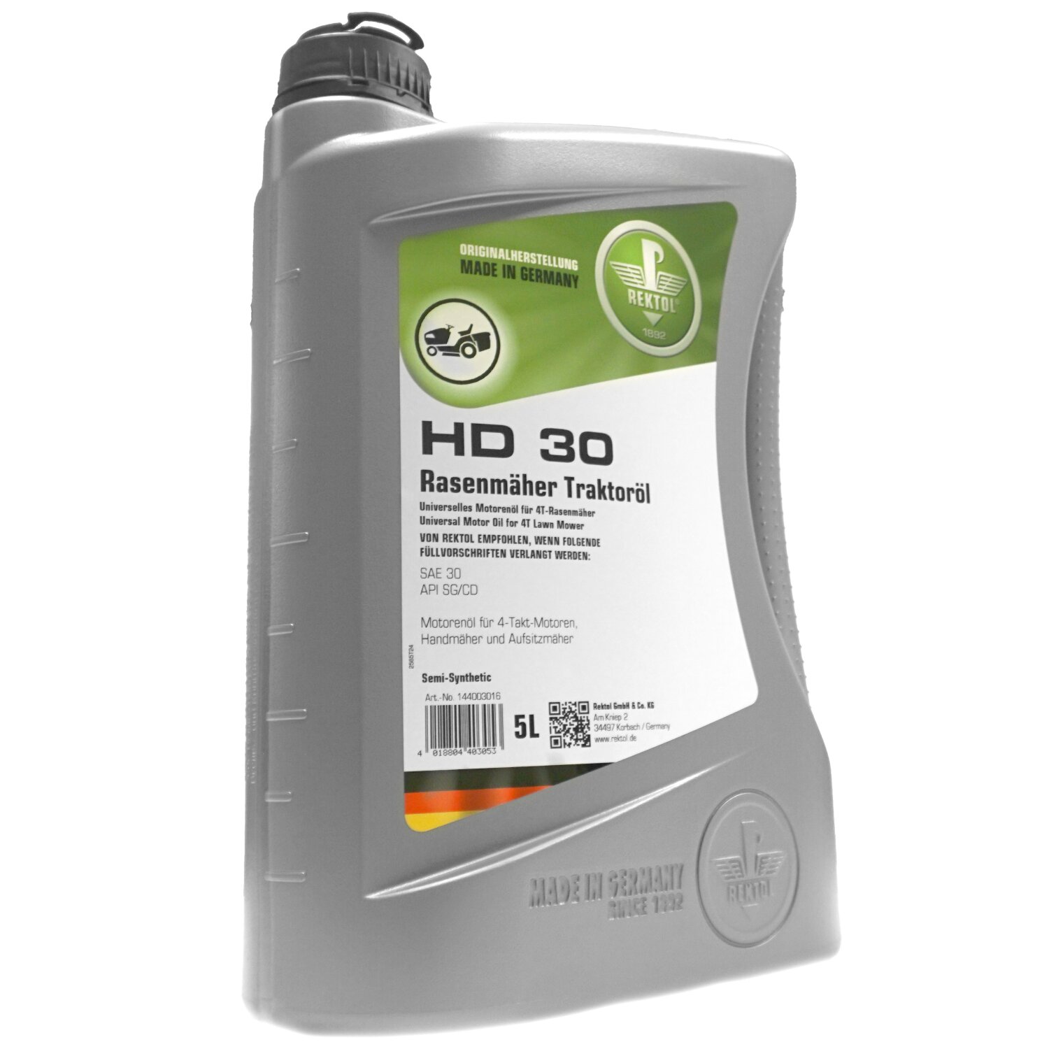 DC-11737 / 4833GB-K012  Original REKTOL HD-30 SPEZIAL Motorenöl,  5 Liter Kanister Rasenmäher und Rasentraktraktor-Öl. SAE 30, Motor-Öl geeignet für 4-takt Motorgeräte wie Strom-Generator, Benzin-Wasserpumpe u.s.w., made in Germany 	 
		 (SAE30, Rasenmäher-Öl, Rasentraktor-Öl, Motoröl für Motorgeräte, 4-Takt Öl, Einbereichsöl, HD 30, REKTOL HD 30 Rasenmäher-Traktoröl,  5 Liter)  
	