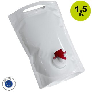 Bag in Box STAFFELPREISE beachten:  Standbeutel 1,5 Liter für Fruchtsaft, VITOP-kompatibler Auslauf, neutral weiß und lichtschützend, lebensmittelecht,  ideal zum bekleben mit eigenen Etiketten, Stand-Alone Beutel bzw. Tasche mit Tragegriff, made in EU