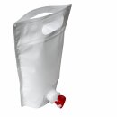 Bag in Box STAFFELPREISE beachten:  Standbeutel 1,5 Liter für Fruchtsaft, VITOP-kompatibler Auslauf, neutral weiß und lichtschützend, lebensmittelecht,  ideal zum bekleben mit eigenen Etiketten, Stand-Alone Beutel bzw. Tasche mit Tragegriff, made in EU