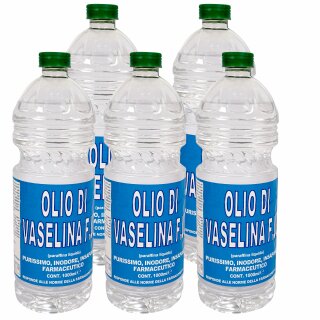 Vaseline-Öl (neue Verpackung): Medizinisch reines Vaselineöl, lebensmittelecht 5x 1000 ml (Lebensmittelqualität Anwendung z.B. in Saftfass), alkoholbeständig