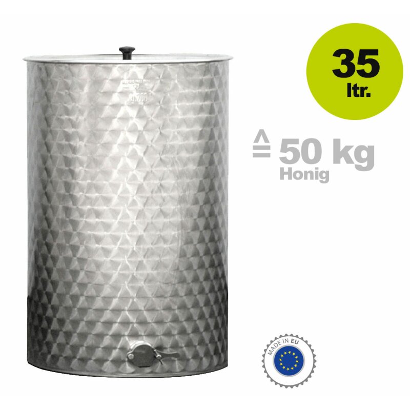  Edelstahl-Honigfass: 50 kg / 35 Liter Volumen  inkl. Edelstahl-Quetschhahn