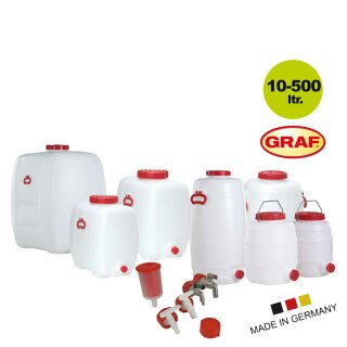 Kunststofffass mit Schraubdeckel: GRAF Getränkefass 10 Liter bis 500 Liter,  Mostfass - Gärfass in verschiedenen Größen mit Zubehör einfach konfigurieren