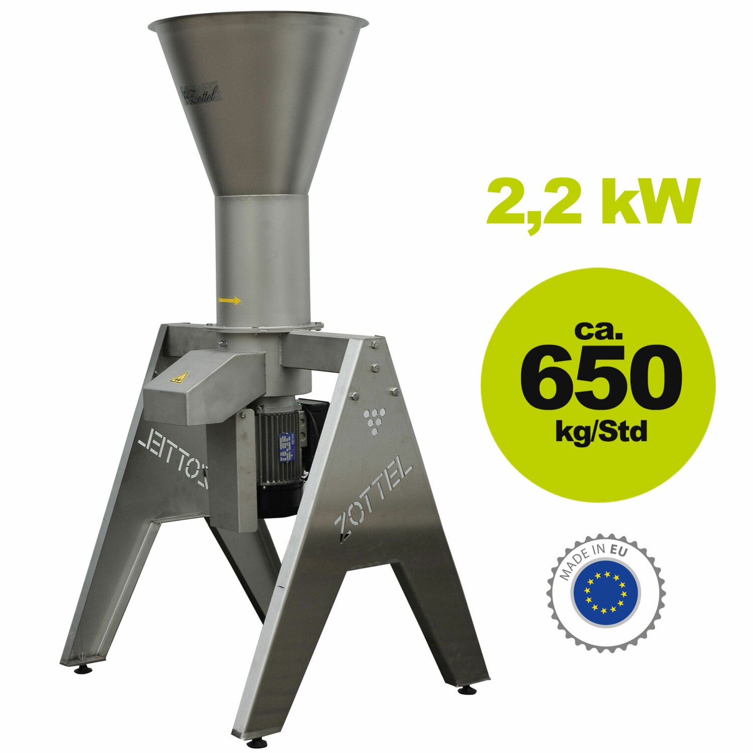 21MMS3 /  Elektrische Profi Rätzmühle Zottel 650 / Obstmühle Edelstahl / 650 kg/Std., 230V, 2,2 kW  inkl. 3 Loch- bzw. Schneidsiebe, Made in EU (versandkostenfrei)*