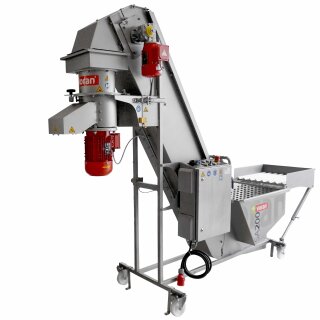1468-00-001 Details:   Obst waschen und maischen in einem Arbeitsgang: Voran Schrägaufzug SA200 mit Spülung / Obst-Waschanlage und  Rätzmühle RM 2,2; Obstmühle für Äpfel, Birnen, Quitten, Pfirsiche, Kirschen u.s.w. / Rätzmühle, Apfelwaschmaschine 