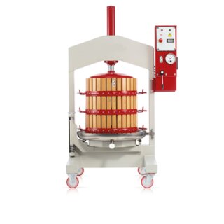 Elektrohydraulische Obst u.Beerenpresse 325 Liter Inhalt Holzpresskorb und Fahrwagen in 2 fache Ausführung