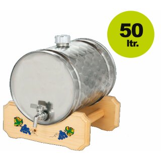 Edelstahlfass liegend 50 Liter Inhalt / Speiseöl-Behälter/ Lagerbehälter / Schnapsfass im dekorativen Design, mit Hahn